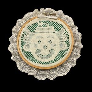 Vintage Clown Embroidery Hoop Lace Handmade Decor Kitschy Grannycore Gift Green
